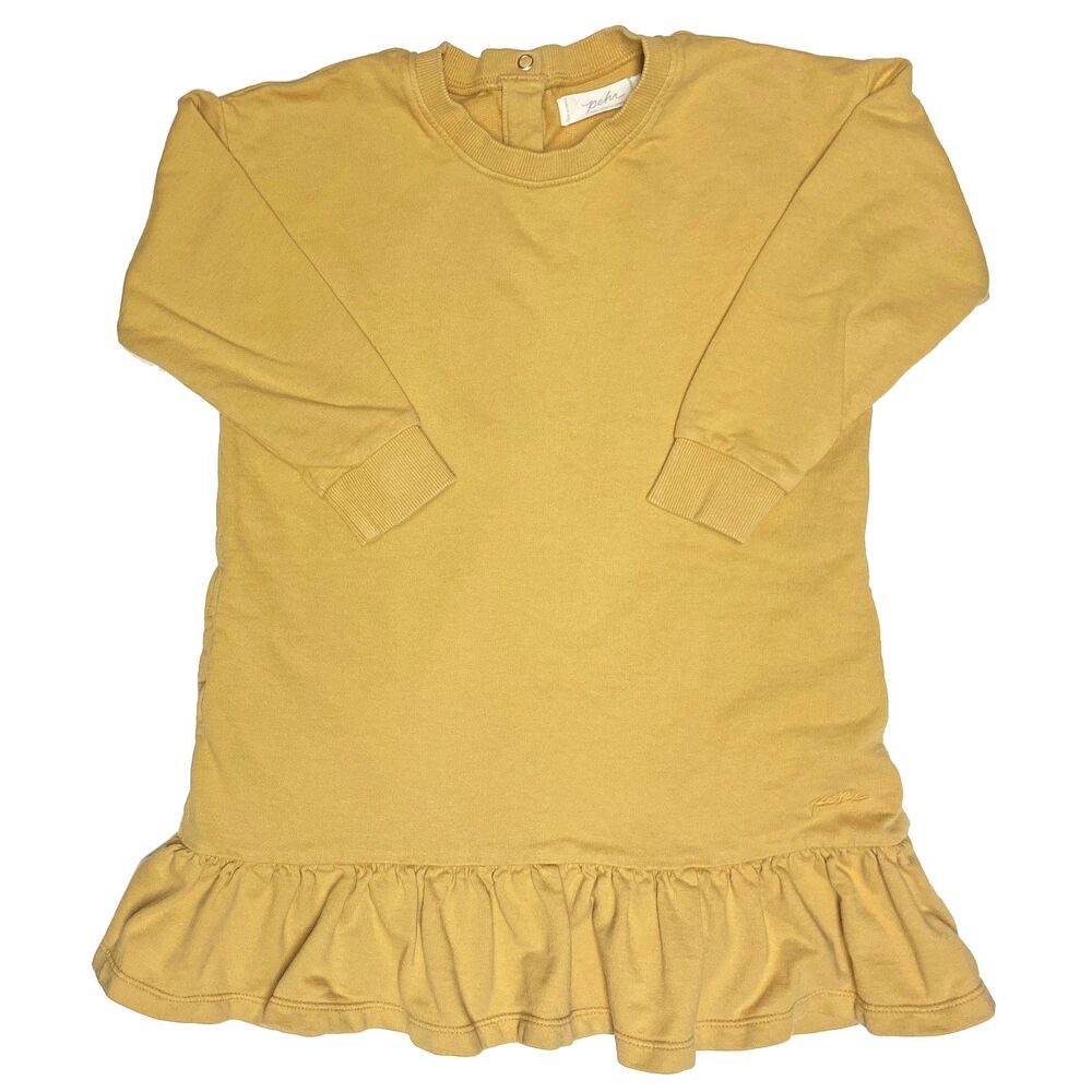 Pehr French Terry Ruffle Hem Dress 3T Dijon Yellow Organic Cotton Long Sleeves